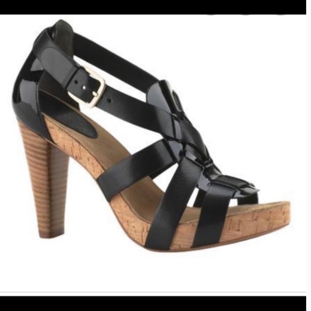 Cole Haan Cork Base Black Leather Heeled Sandals